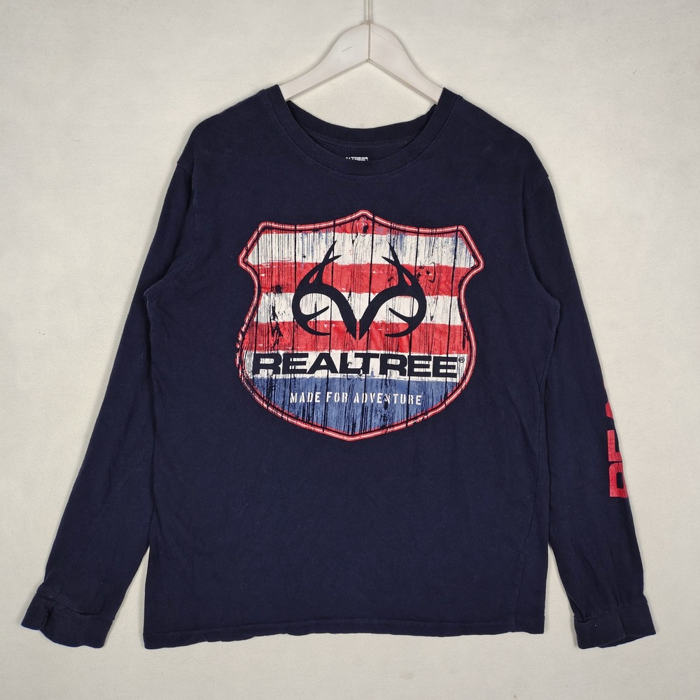 Realtree Staghorn Creek Mens Navy Blue Long Sleeve Graphic T-Shirt L Antler Flag